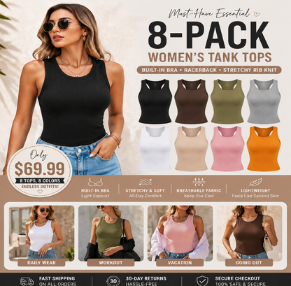 This Week's Special Price🍃Round Neck Built-in Bra Ribbed Tank Top Fit Casual Comfortable💥